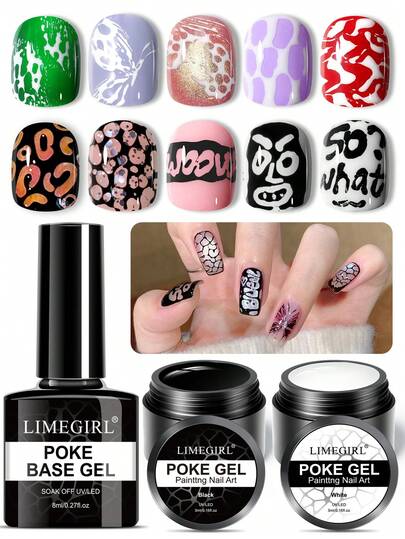  LIMEGIRL Poke Gel Nail Polish Kit, Black And White Poking Nail Gel Professional Poke Base Gel Multifunctional Lace Painting Gel Paint For Nails Art Design Lace Painting Gels For Nails Art Design, Flower, Wave, Letter, Home DIY Manicure