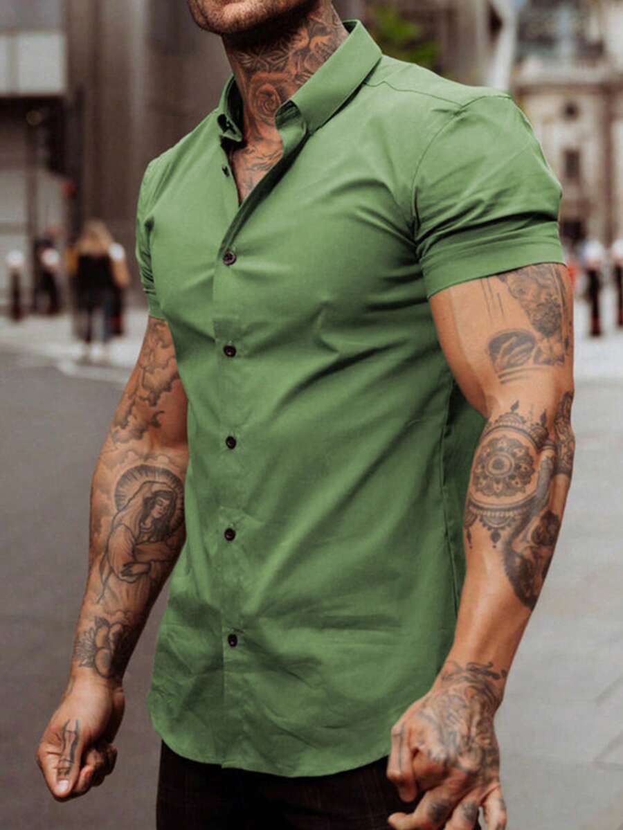 Men's Solid Color Minimalist Casual Button-Up Short Sleeve Shirt - Green - View 1