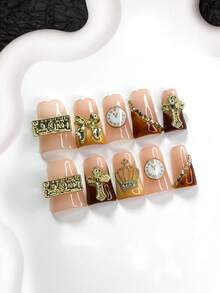 10片装奢华美甲贴纸，手工法式美甲假指甲，搭配金色配件：蝴蝶结、十字架、时钟、美元，尽显优雅奢华。三种尺寸可选：杏仁形、鸭嘴形、棺材形。包含美甲工具（1片果冻贴纸+1把指甲锉）。适合正式场合和节日，是送给女性和女孩的完美礼物。 - 彩色 - 查看 2
