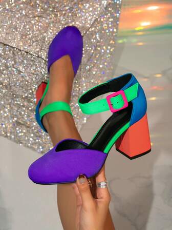 Women's Round Toe Hollow Out Chunky Heel Pumps