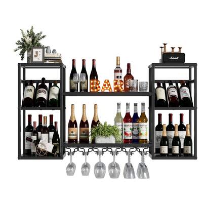 FXLTSBL Wandplank met 3 lagen en glazen compartiment, 2-in-1 modern flessenrek, multifunctionele opbergplank, geschikt voor eetkamer, keuken, woonkamer, zwart, wandgemonteerd wijnrek, wandwijnrek, wijnrek