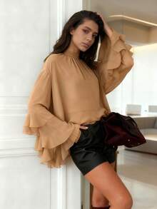 Chiffon Layered Ruffle Elegant Luxury Design Women Blouse, Suitable For All Seasons, Autumn Fabric - Khaki - View 4