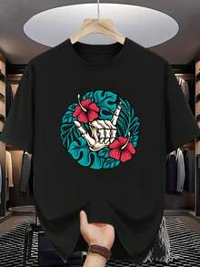 Autumn Skull And Flower Graphic Tee, High Quality Fabric, Loose Fit, Casual, Breathable - 黑色 - 查看 1