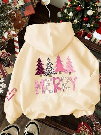 Christmas-Tween Girl Christmas Tree & Merry Christmas Slogan Print Sweatshirt, Fleece Soft Top, Suitable For Autumn/Winter Daily Wear, Christmas Party, Streetwear Style, Fashionable Kids Autumn/Winter Top