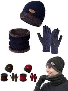 1 Set Winter Knitted Beanie Hat & Neck Warmer & Gloves, Wool Lined Skull Cap Infinity Scarf Touchscreen Gloves For Men & Women - Multicolor - View 2