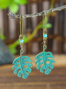 TopHanqi 樹葉耳墜樹葉復古古董青銅樹葉鏤空吊墜大掛耳式女士耳環 - 薄荷藍 - 查看 7