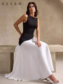Váy dài hở vai chữ A không tay siêu co giãn Aliao cao cấp, mùa cưới, trang phục ngày lễ tình nhân, thu đông, sự kiện tiệc trắng, phong cách quý tộc, phong cách cung đình, trang phục bắt mắt, trang phục thanh lịch hàng ngày - Đen và trắng - Xem 5