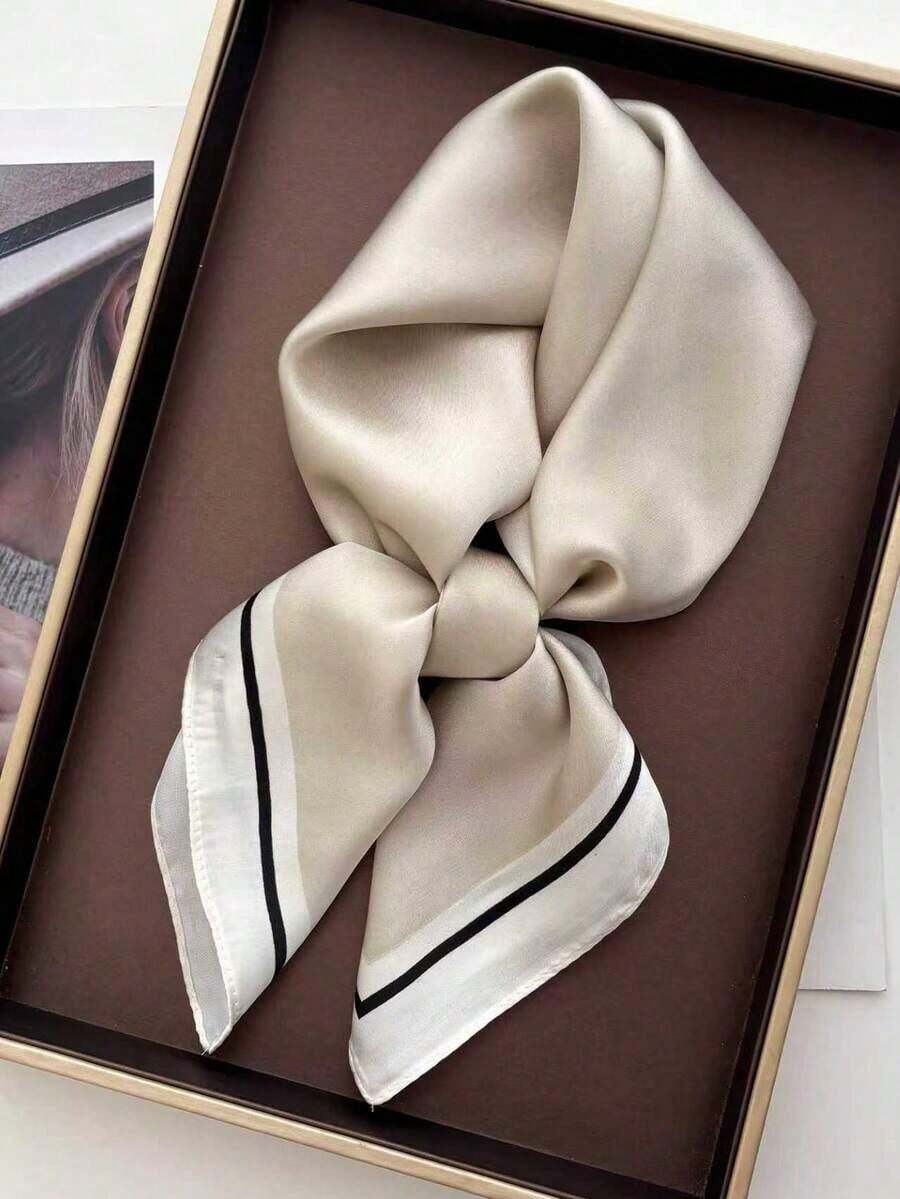 1pc Square Scarf, Women's Satin Printed Headscarf, Fashion Headband, Shawl, Scarf, Neckerchief, Headscarf, Dress Accessory - 卡其色 - 查看 1