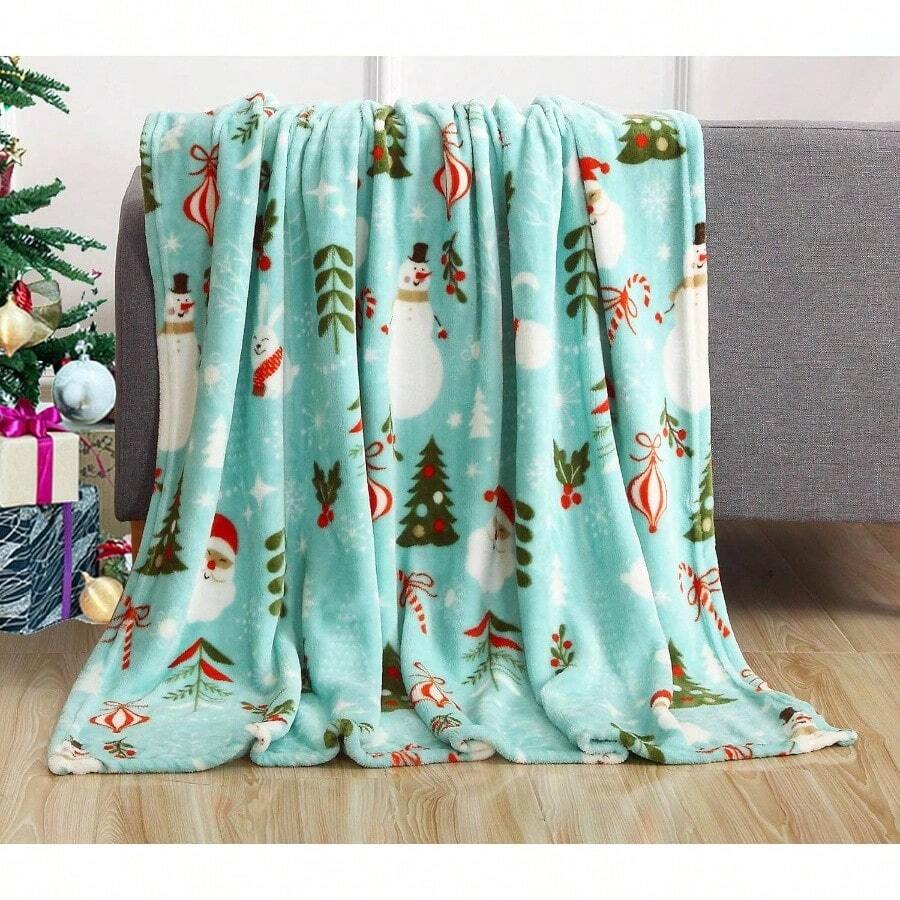 Luxury Velvet Soft Prints Fleece Blanket - Holiday Theme Home Dcor Fuzzy Warm And Cozy Throws Winter Bedding, Couch And, 50x 60 Inch, Santa Snowman Teal - 50 In X 60 In + Santa Snowman Teal - View 1