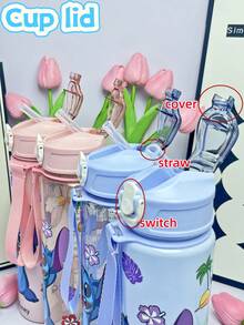 Disney 1 pieza Botella de agua transparente ultra delgada  genuina Stitch de 800ml/27oz en azul, rosa, morado, verde, de gran capacidad con pajita y asa portátil ajustable, regalo de Navidad, regalo de Acción de Gracias, regalo de cumpleaños (algunas partes pueden ser aleatorias)