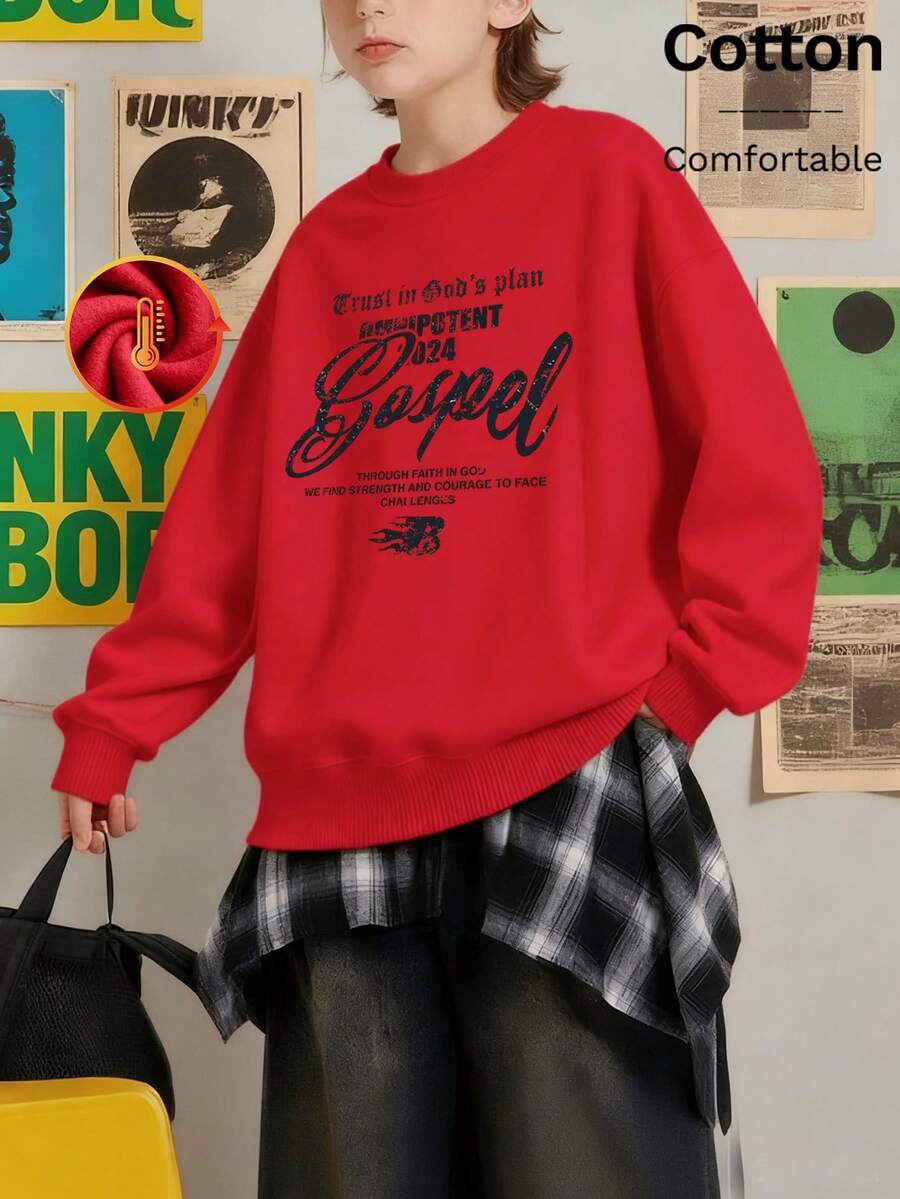 Nueva sudadera roja de otoño/invierno, con un estampado de letras creativo, fresco y natural, un estampado único, estilo retro americano, estilo urbano adorable, tejido de algodón de alta calidad, cómoda e informal, estilo urbano dulce y moderno, relajada y fácil de combinar, adecuada para la calle, informal, para ir al trabajo y para estar en casa, estilo Y2K, sudadera roja para niños. - Rojo - Ver 1