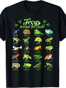 Frogs Around The World Types Of Frogs T-Shirt,Slogan Print Round   Short Sleeve Tee For Women,Unisex Cotton Casual T Shirt - 黑色 - 查看 1