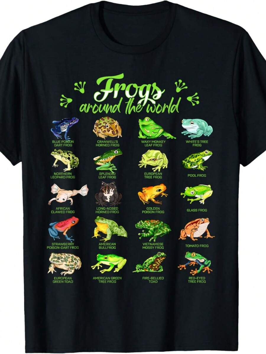 Frogs Around The World Types Of Frogs T-Shirt,Slogan Print Round   Short Sleeve Tee For Women,Unisex Cotton Casual T Shirt - 黑色 - 查看 1