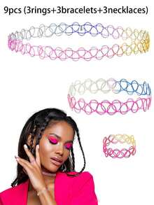 3 件套纹身颈链套装项链手链戒指复古弹力项链女式哥特式黑色经典时尚 - 彩色 - 查看 15