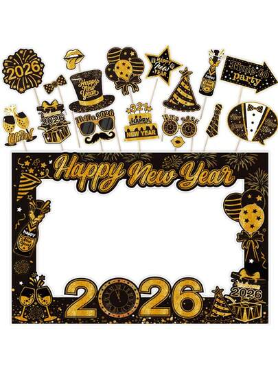 1个2026新年纸质相框 + 30个手持拍照道具，新年主题黑金彩色趣味帽子、眼镜、胡子、领带、西装等拍照道具，派对装饰套装，新年礼物