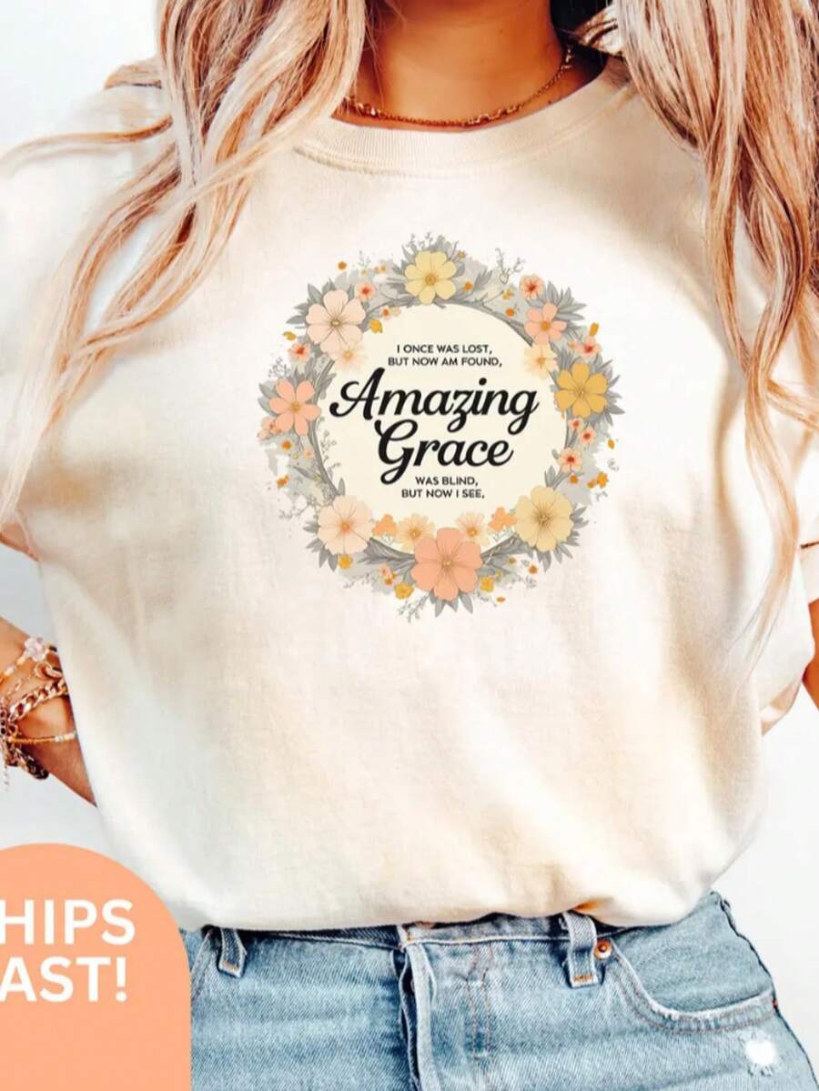 Amazing Grace How Sweet The Sound | Faith, Floral, Christian, Music, Song,100% Cotton Womens Oversized Printed Graphic T-Shirts Casual Round Neck Short Sleeve Tee 1pcs Fashion Shirt - 白色015 - 查看 1