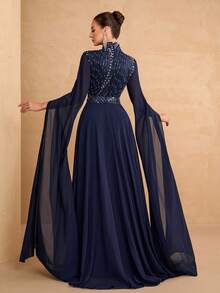 YISIKADO Women Chifon Prom Dress Modest Evening Dress Sequin Ball Gown Split Sleeve High Neck Long Dress Wedding Guest Party Banquet Dinner Graduation Festival Formal Ceremony Host Celebration Concert Ceremonial Dress Back To School - Navy Blue - View 3