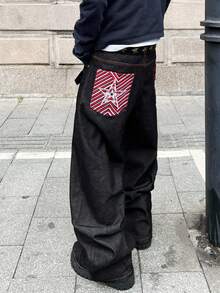 1 قطعة بنطال جينز رجالي فضفاض مطرز بساق واسعة، طراز شارع كاجوال، مريح وشامل لجميع المواسم