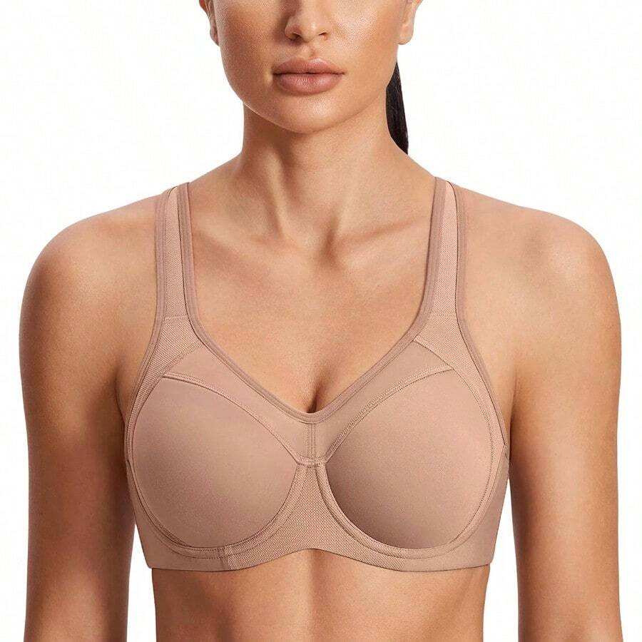 SYROKAN Women's Full Support High Impact Racerback Lightly Lined Underwire Sports Bra - Barely Buff - View 1