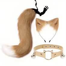 3pcs/Set Faux Fur Cat Ears, Wolf/Fox Tail & Collar Set For Cosplay, With Bells - Red/Black Fluffy Tail, Faux Leather Collar Necklace, Suitable For Roleplay, Theme Parties, Anime/Manga Costumes (Adjustable, Fits Multiple Sizes) - Multicolor - View 6