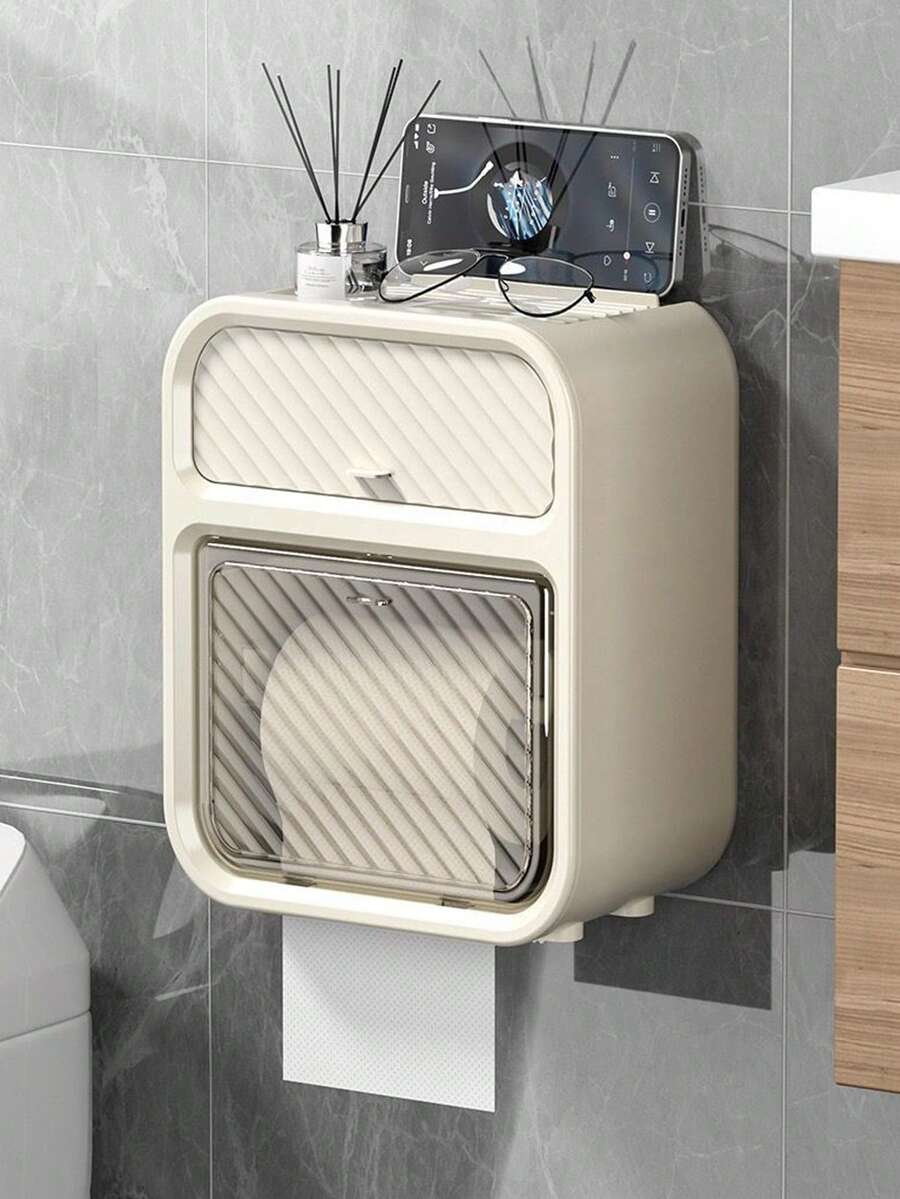 Wall-Mounted Bathroom Tissue Paper Holder - Space-Saving Bathroom Organizer, Durable, No Drilling Required, Bathroom Storage Organizer - Beige - View 1