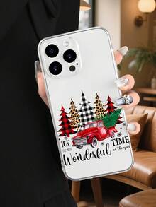 Funda de teléfono con camioneta clásica navideña, diseño de árboles en cuadros rojos y estampado animal, texto festivo "It's the most wonderful time of the year", estilo rural americano, funda transparente, resistente a golpes, alta transparencia, compatible con iPhone17/16/15/14/13/12/11/Plus/Pro/ProMax, compatible con Galaxy A34/A35/A54/A55, Galaxy S20/S21/S22/S23/S24/S25 Ultra/Plus, compatible con Moto/Galaxy/Redmi/Honor/OPPO - transparente - Ver 6