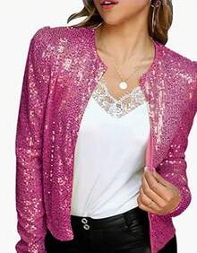 2025 Spring New Women's Fashion Stand Collar Solid Color Sequin Jacket Short Casual Versatile Small Jacket - 玫紅色 - 查看 5