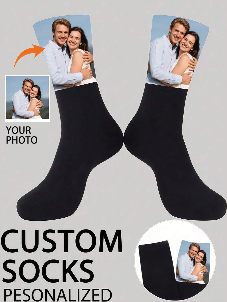 1 Pair Customized Men's Socks - Provide Various Colors, Photos And Styles; Personalize With Patterns And Text To Create Unique Gifts For Family, Friends And Loved Ones, Authentic Personalized Design, Christmas Gift, Boyfriend Gift - Black - View 1