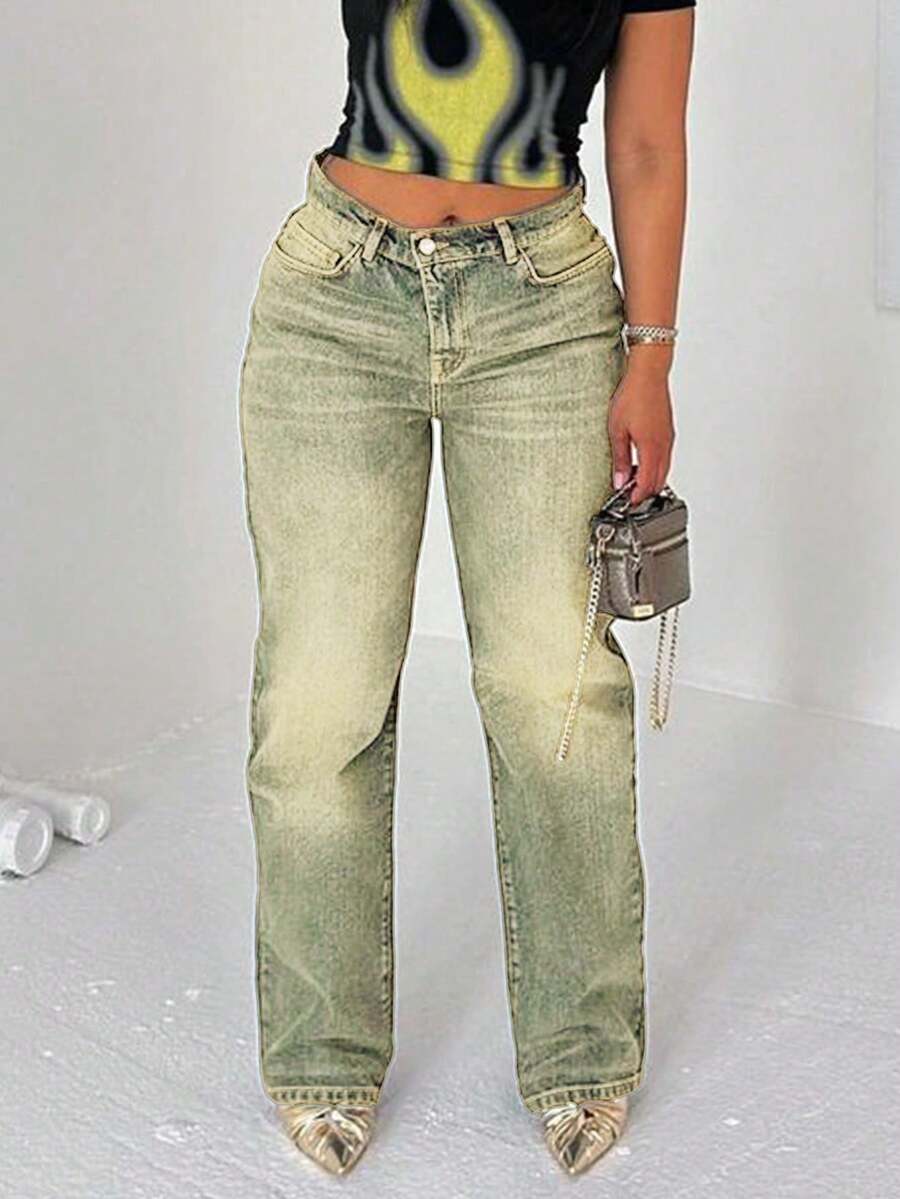 Quần jeans nữ ống đứng, chất liệu denim mài, có họa tiết râu mèo, kiểu dáng dài, không co giãn, thích hợp mặc thường ngày. - Màu xanh hải quân - Xem 1