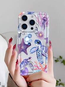1 pieza Funda de teléfono a prueba de golpes con cobertura completa, de PVC inflable con diseño de tortuga marina y coral de color morado, compatible con iPhone 16, 15, 14, 13, 12, 11 Pro Max, Series, versión internacional, no la versión nacional - Multicolor - Ver 3