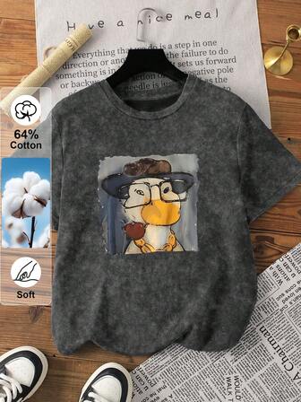 女士加大码复古T恤，卡通鸭子、帽子和眼镜图案印花，休闲短袖圆领T恤，日常家居服，适合夏季居家旅行，水洗质感，印花T恤