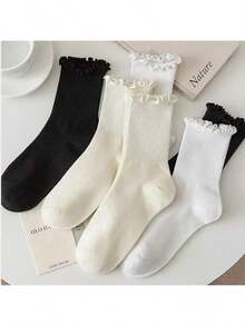 1/3/6 đôi tất nữ cổ cao đến giữa bắp chân, màu đen trắng, thoáng khí, kiểu dáng tối giản, đa năng, thích hợp cho mùa xuân và mùa thu. - Nhiều màu - Xem 3