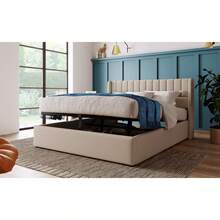 Polsterbed Storage Bed, 180x200cm Hydraulic Double Bed, Wooden Slat Base, Bed With Metal Frame And Slat Base, Linen, Beige - Beige + Linen + 160cm*200cm - 查看 6