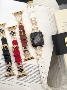 1pc Compatible With Apple Watch Women's Band, White Leather With Gold Rhinestone Flower Chain Decoration, Suitable For Apple Watch Series 8/9/10/11/SE/5/6/7/3/2/1, 38mm/40mm/41mm/42mm/44mm/45mm/46mm/49mm, Cream Color, Fashionable And Durable, Fits Wrist Circumference 155cm-205cm, Smart Watch Accessory