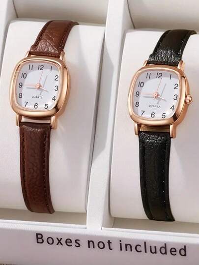 2pcs Vintage Minimalist Women's Wristwatches, Square Dial With Brown/Black Strap And Rose Gold Frame. Versatile And Practical For Daily Commute, Retro Style Outfits, And Various Occasions. Thoughtful Gifts For Girlfriends, Best Friends, And Suitable For Mother's Day, Birthday, Etc.