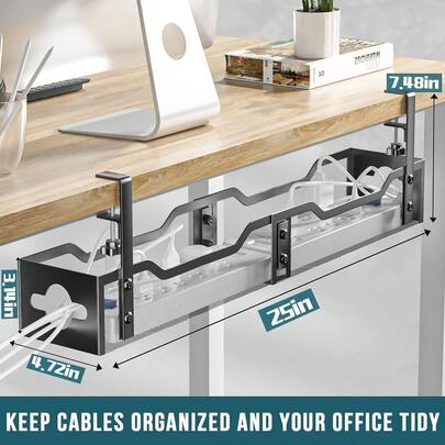 Desk Cable Management Tray, Cable Management Under Desk No Drill, 25'' Metal Cable Tray With Clamp For Desk ...