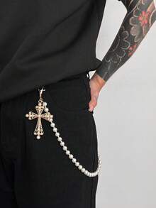 1 pieza Cadena de cintura con decoración de flor de perla falsa y cristal, accesorio de cadena corporal unisex de moda, adecuado para Halloween, escuela, otoño/invierno, casual, al aire libre, deportes, vacaciones, regalo de graduación, cumpleaños, uso diario