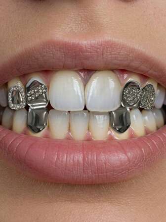 一套多件式水钻锆石心形牙套，可个性化DIY佩戴，嘻哈风饰品组合，男女皆宜的圣诞礼物