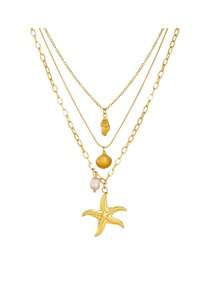 1pc Women's Stainless Steel 3-Layer Starfish Shell Pearl Pendant, 3-In-1 Choker Chain Necklace, Jewelry Gift - Yellow Gold - View 5