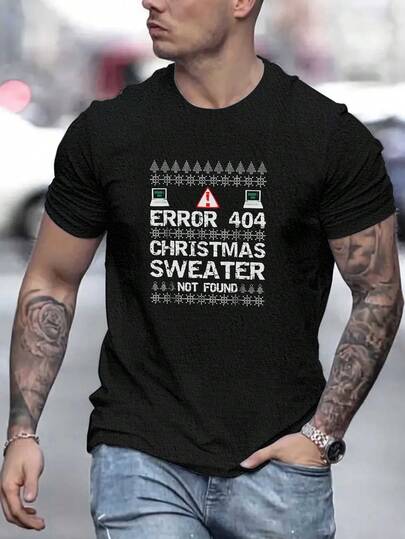Men's Large Size Christmas Nerd T-Shirt - Funny Programming Error 404 Xmas Sweater Design With Tech Icons (HTML/CSS/JS), Breathable Moisture-Wicking Casual Short Sleeve Tee For Tech Geeks & Holiday Parties, PLUS SIZE