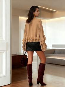 Chiffon Layered Ruffle Elegant Luxury Design Women Blouse, Suitable For All Seasons, Autumn Fabric - Khaki - View 11