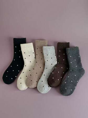 4 pares de calcetines retro holgados con lunares, forrados térmicos y engrosados para mujer. Cálidos, versátiles, para otoño. Entrega de colores aleatorios.