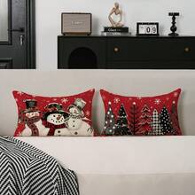 1pc/2pcs Christmas Tree & Snowman Print Pillow Cover, Farmhouse Style Single-Sided Plush Velvet Pillow Sham, Without Pillow Insert, Zipper Closure, Christmas & Winter Home Decor, Suitable For Holiday Living Room Or Bedroom, Sofa Decoration, Bedding Decor