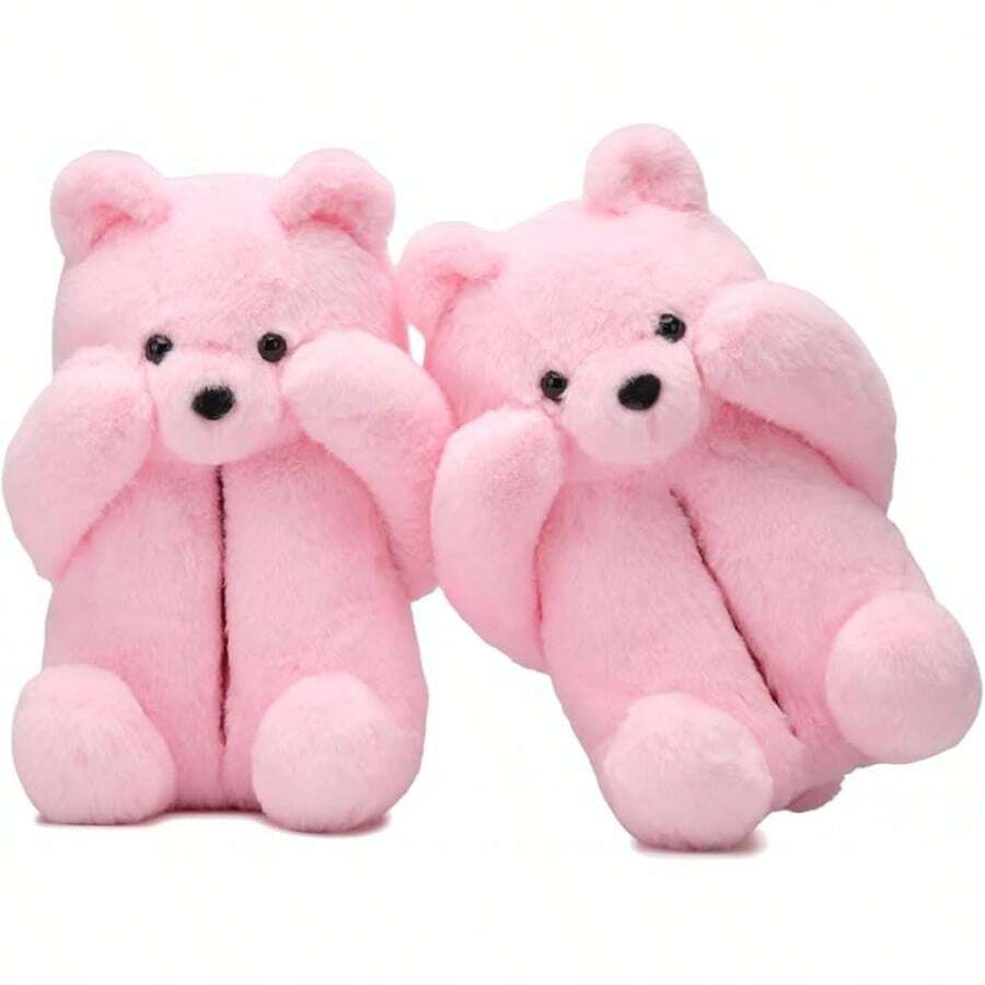 Bashful Teddy Bear Plush Slippers For Women,Pig Slippers,Cozy Plush Animal Slipper With Face-Pawing Shy Design,Non-Slip Fuzzy Winter Indoor House Shoes, Birthday Christmas Gift Ideas (US Sizes 9-12)Christmas - A00-Bashful Bear Pink - Xem 1