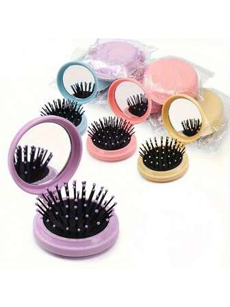 1 Mini Hair Brush With Foldable Mirror - Portable Round Comb Suitable For Travel, Men, Women, And Girls (3 Colors) - Ideal Gift For Dad, Mom, Elders, And Relatives, Essential For Travel Hair Care | Compact Hair Brush | Durable ABS Handle, Travel Hair Brush