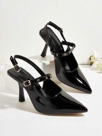 Tacones altos de mujer con punta afilada, tacón de aguja y hebilla metálica brillante en negro, aptos para uso diario, banquetes, fiestas y versátiles en moda