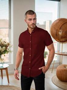 Men's Short-Sleeve Shirt With Mandarin Collar And Linen-Look - Assorted Colors - Comfortable - 紅木色 - 查看 3