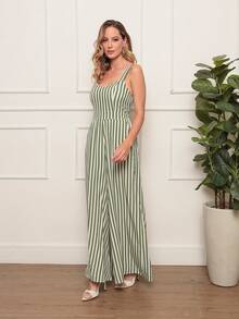 Plain, Loose-Fitting Tailored Jumpsuit With Wide-Leg Pants And A Back Zipper. Super Comfortable. - Striped-green - View 3