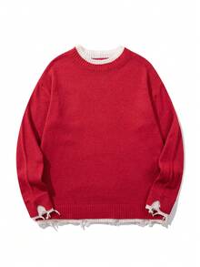 Unisex Casual Crew Neck Patchwork Distressed Hem Long Sleeve Knit Sweater, Loose Fit, Suitable For Autumn And Winter