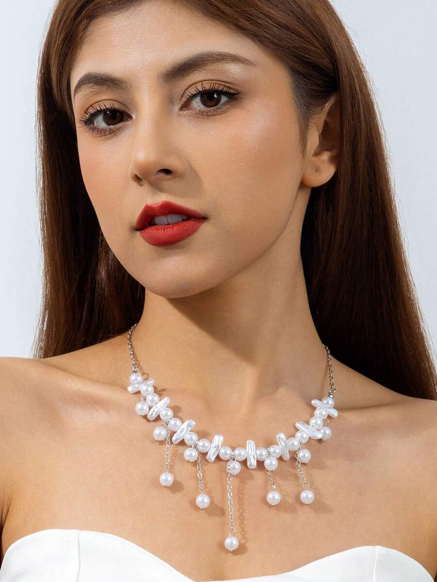 imoli 1pc Minimalist Metal Chain Necklace With Asymmetric Faux Pearl Pendant, Unique Design, Versatile Jewelry Gift For Women, Suitable For Daily, Date, Party